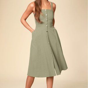 NWT. Lulu's Pippie Olive Green Button Front Sleeveless Midi Dress Size Small